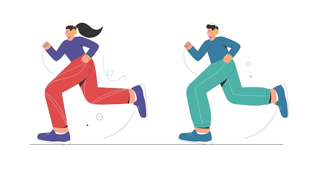 Concepto de entrenamiento de jogging deportivo Mujer y hombre deportivo corriendo Vector ilustración de dibujos animados plana