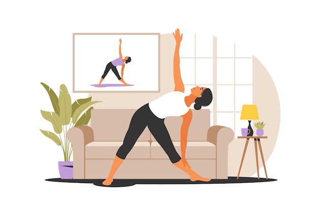Concepto de entrenamiento en línea. Mujer haciendo yoga en casa. Ver tutoriales en un televisor. Ejercicio deportivo en un interior acogedor. Ilustración vectorial. Plano.