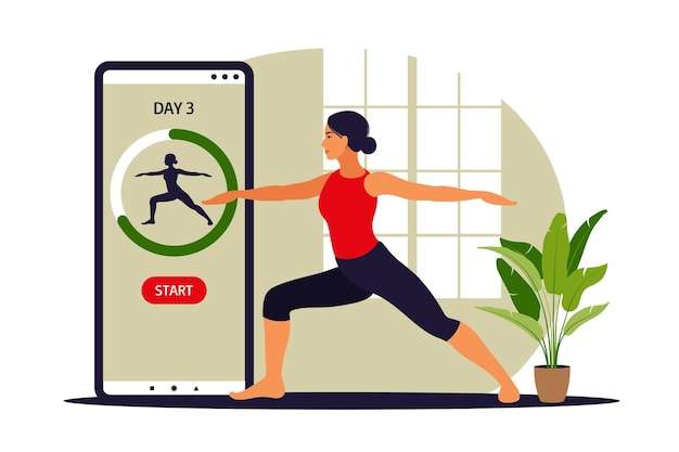 Concepto de entrenamientos personalizados. Entrenamientos en línea, fitness usando gadgets. Ilustración vectorial. Plano
