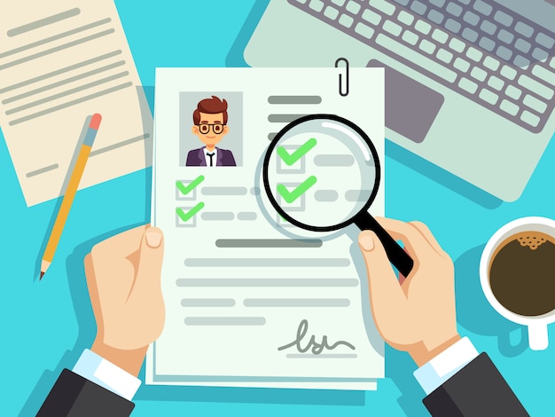 Concepto de entrevista de trabajo. Currículum de cv empresario, evaluación de trabajo