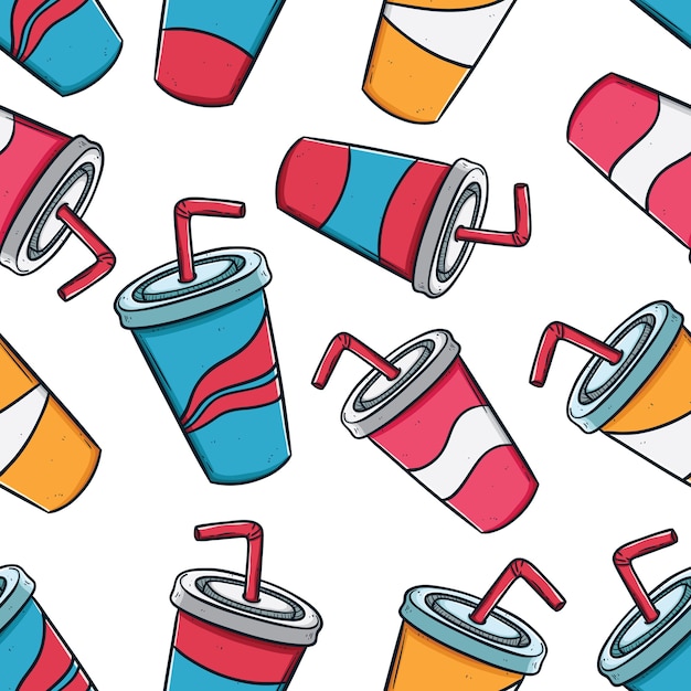 Concepto de envasado de bebidas gaseosas en patrones sin fisuras con estilo doodle