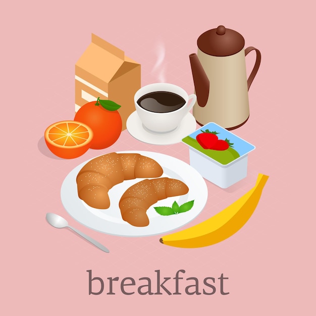 Concepto de equipo de cocina y desayuno isométrico. Desayuno servido con café, jugo de naranja, croissants, cereales y frutas. Dieta equilibrada. ilustración vectorial