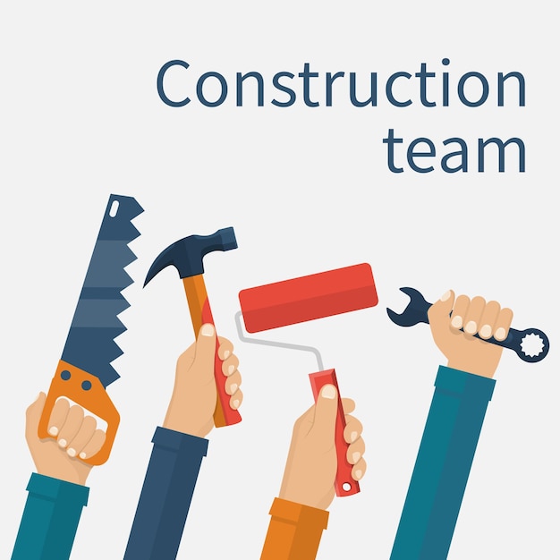 Concepto de equipo de construcción Grupo de trabajadores de la construcción con una herramienta en manos aisladas sobre fondo blanco Diseño plano de ilustración vectorial