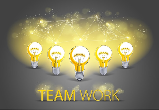 El concepto de equipo creativo, el grupo de cinco bombillas brillantes representa la idea del trabajo en equipo de personas creativas que tienen ideas trabajando juntas, ilustración vectorial.
