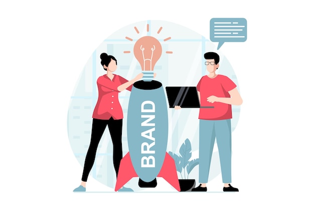 Concepto de equipo de marca con escena de personas en diseño plano Hombre y mujer creando nuevas ideas e identidad corporativa para el lanzamiento de la empresa Ilustración vectorial con situación de personaje para web
