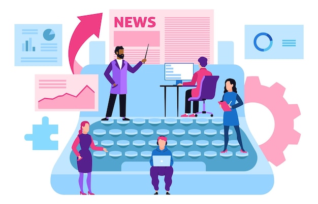 Concepto de equipo de periodistas de periódico Producción impresa de artículos