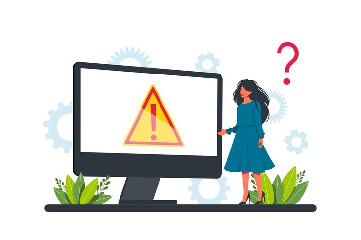 Vector concepto de error de advertencia, empresario mirando una pantalla de falla de internet en una computadora. concepto de advertencia de error del sistema operativo para página web, banner, presentación, redes sociales, documentos, carteles.