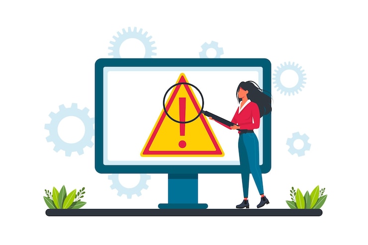Vector concepto de error de advertencia, empresario mirando una pantalla de falla de internet en una computadora. concepto de advertencia de error del sistema operativo para página web, banner, presentación, redes sociales, documentos, carteles.