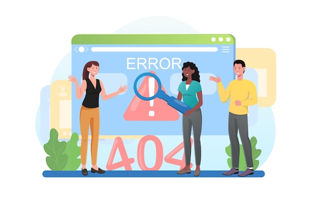 Concepto de error fatal hombres y mujeres tratando de encontrar la causa del problema mal funcionamiento técnico del sitio