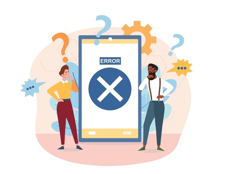Vector concepto de error del sistema operativo advertencia de error mensaje de información en el teléfono inteligente hombre y una mujer no pueden