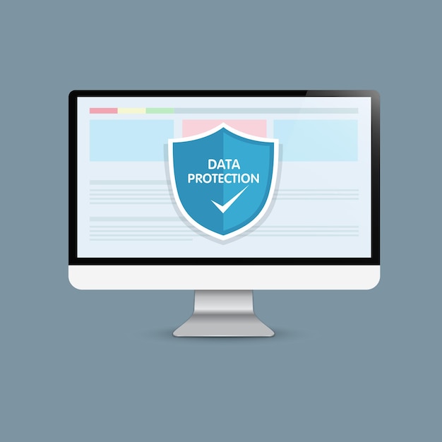 El concepto es el escudo del centro de seguridad de datos en el diseño de vectores de escritorio de computadora