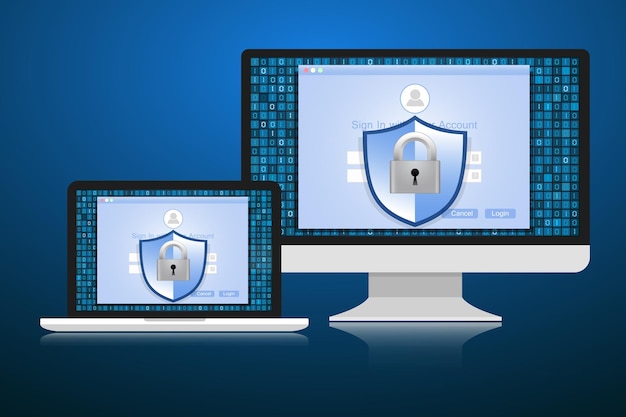 El concepto es el escudo de seguridad de datos en la computadora de escritorio o en la computadora portátil Vector Illustration