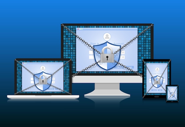 El concepto es el escudo de seguridad de datos en la computadora Labtop Smart phone y Tablet Vector Illustration