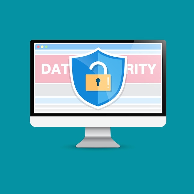 El concepto es seguridad de datos Acceso éxito Escudo en el escritorio de la computadora Proteger datos sensibles Seguridad de Internet Ilustración vectorial