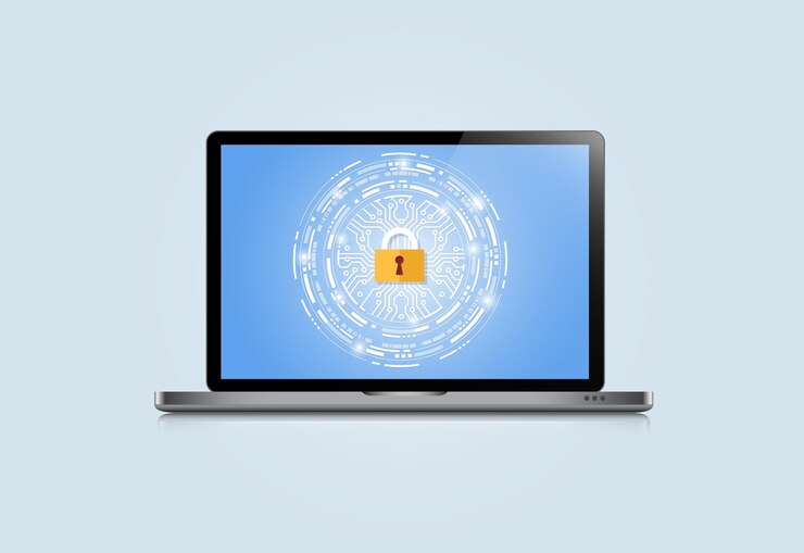 Vector el concepto es la seguridad de los datos center shield en la computadora portátil protege la seguridad de los datos confidenciales vector