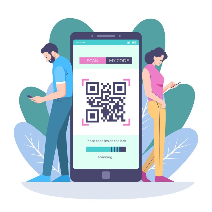 Vector concepto de escaneo de código qr con caracteres ilustrados