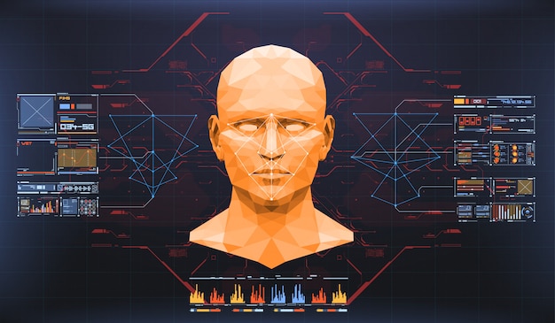 Concepto de escaneo facial. tecnología biométrica precisa de reconocimiento facial y concepto de inteligencia artificial. interfaz hud de detección de rostros.