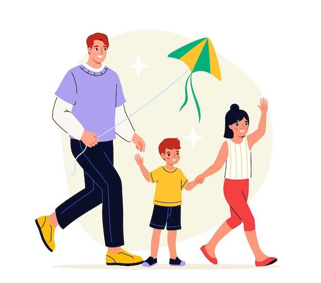 Concepto de escena familiar Hombre caminando con niño y niña Padre con hijo o hija Ocio al aire libre con cometa Cartel o pancarta Ilustración vectorial plana de dibujos animados aislada sobre fondo blanco