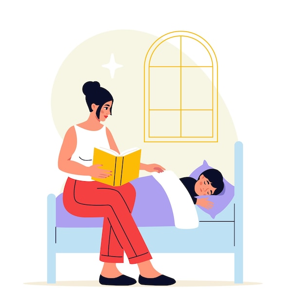 Concepto de escena familiar Mujer con libro amarillo contar un cuento de hadas para el hijo Madre y niño en la cama Descansar y relajarse sueño plantilla y diseño Ilustración vectorial plana de dibujos animados aislada sobre fondo blanco