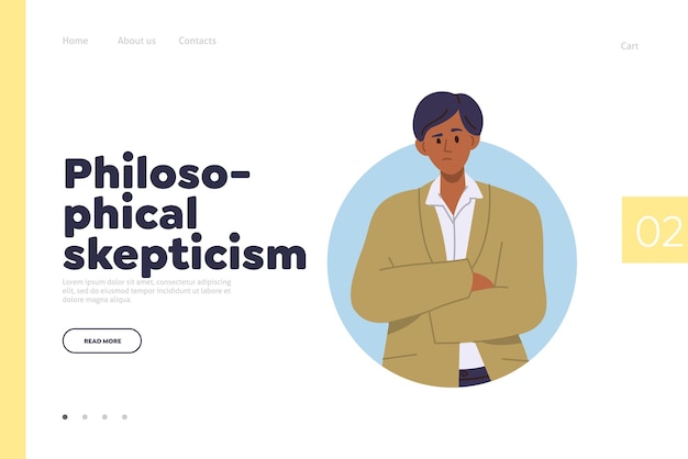 Concepto de escepticismo filosófico para la página de destino con un hombre de negocios dudoso que piensa cruzando las manos