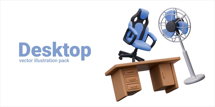 Vector concepto de escritorio silla de juego de ventilador de piso de escritorio conjunto de plantillas vectoriales
