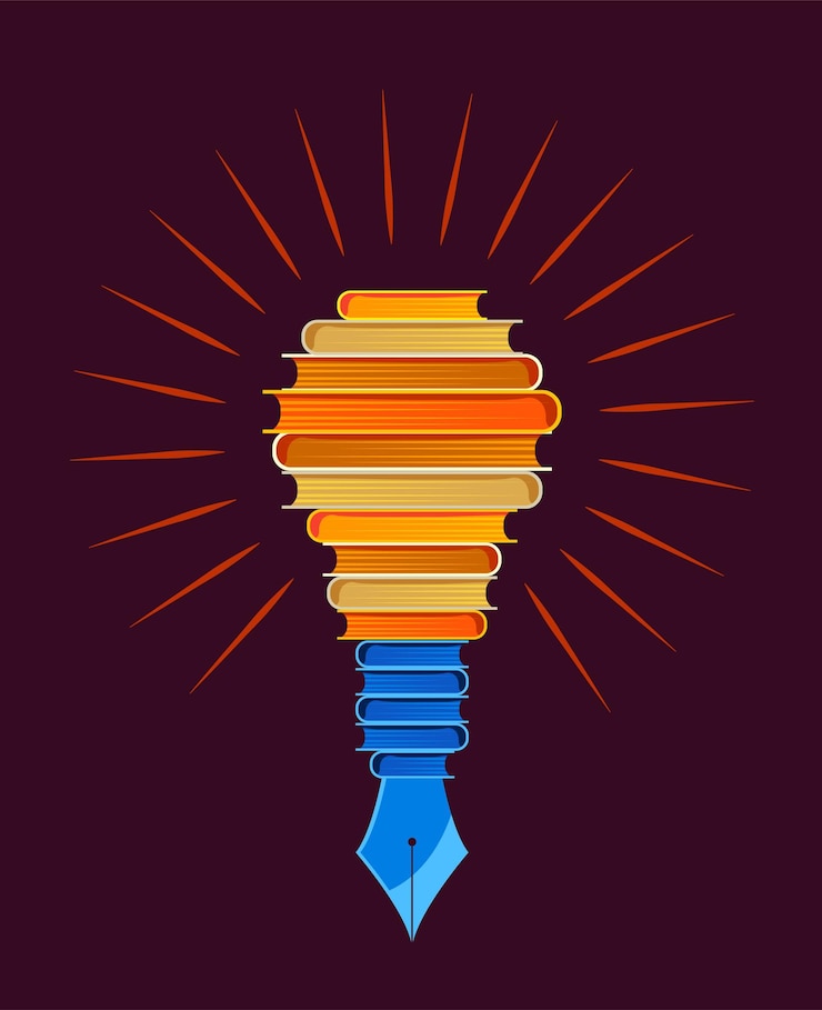 Vector concepto de escritura de libros en forma de bulbo con pluma