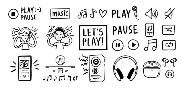 Concepto de escucha de música de audio dibujo de sonido icono dibujado a mano conjunto de auriculares interfaz botones musicales