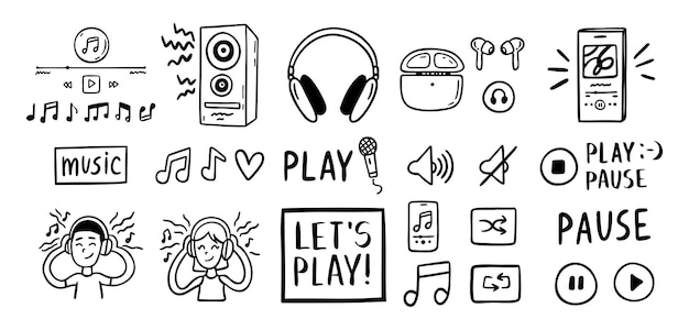 Concepto de escucha de música de audio sonido dibujado a mano icono Configure los botones de la interfaz de los auriculares notas musicales