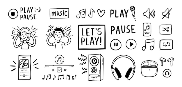 Concepto de escucha de música de audio sonido dibujado a mano icono Configure los botones de la interfaz de los auriculares notas musicales
