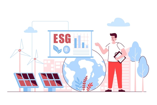 Concepto ESG en diseño de línea plana Ambiental Social y Gobernanza Hombre desarrollando estrategia comercial