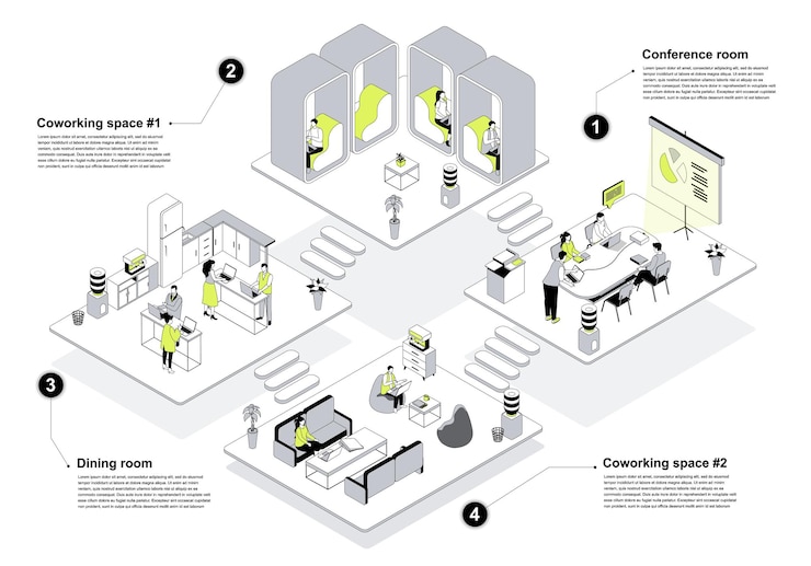 Vector concepto de espacio de coworking en diseño isométrico 3d colegas trabajan con computadoras portátiles en una oficina abierta juntos colaborando en equipo en un proyecto ilustración vectorial con isometría escena de personas para gráficos web