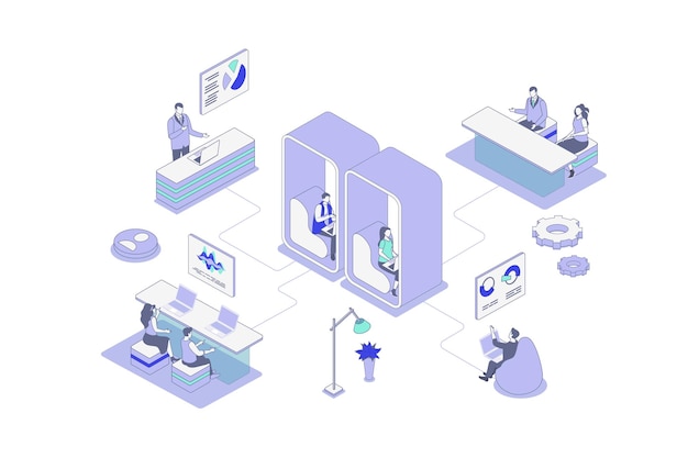 Concepto de espacio de coworking en diseño isométrico 3d Los colegas trabajan con computadoras portátiles en oficinas abiertas juntos colaborando en equipo en el proyecto Ilustración vectorial con escena de personas isométricas para gráficos web