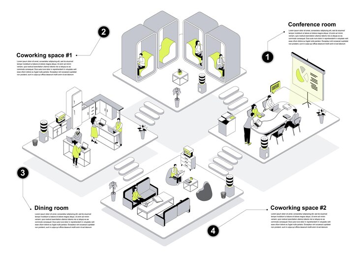 Vector concepto de espacio de coworking en diseño isométrico 3d los colegas trabajan con computadoras portátiles en oficinas abiertas juntos colaborando en equipo en el proyecto ilustración vectorial con escena de personas isométricas para gráficos web