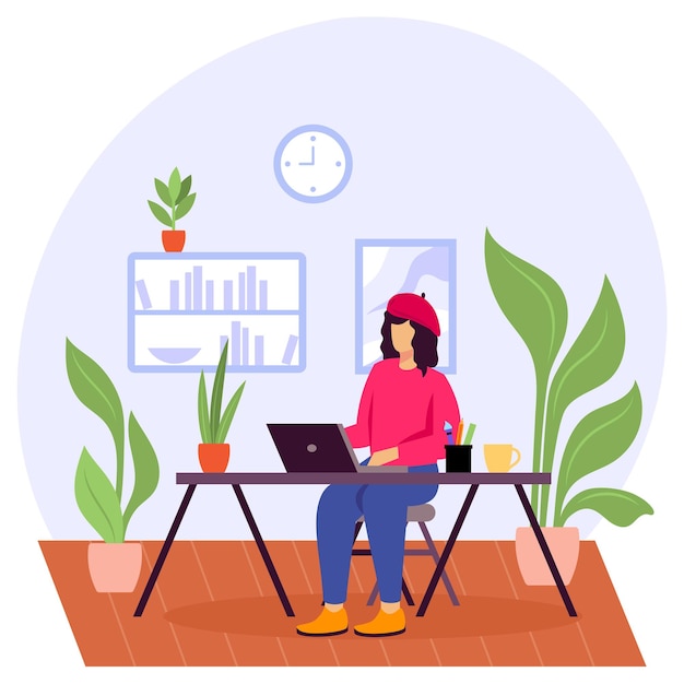 Concepto de espacio de escritorio femenino Cómoda mesa librería estantes diseño de icono de color vectorial Trabajador de oficina verde
