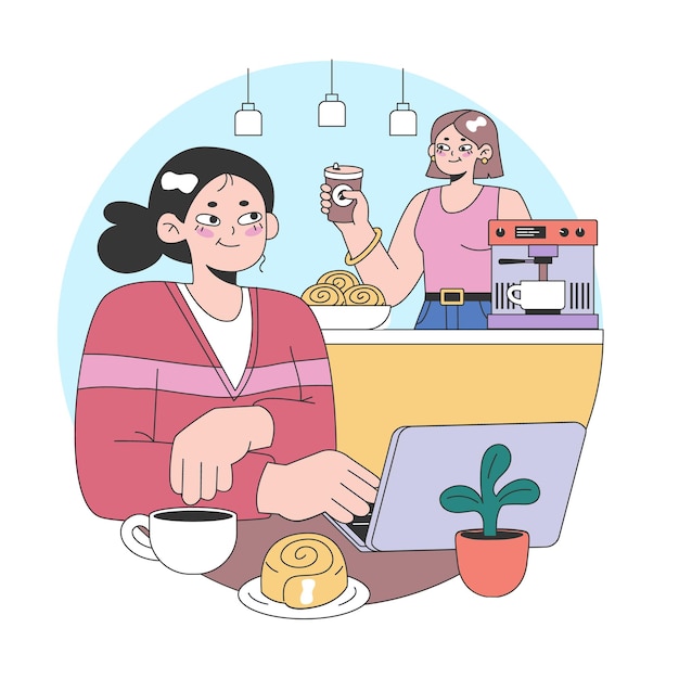 Concepto de espacio de trabajo de café acogedor profesional disfruta del tiempo con la computadora portátil mientras el barista alegre sirve café