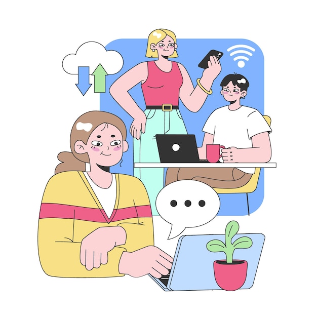 Concepto de espacio de trabajo colaborativo tres jóvenes profesionales compartiendo ideas y trabajando en portátiles con