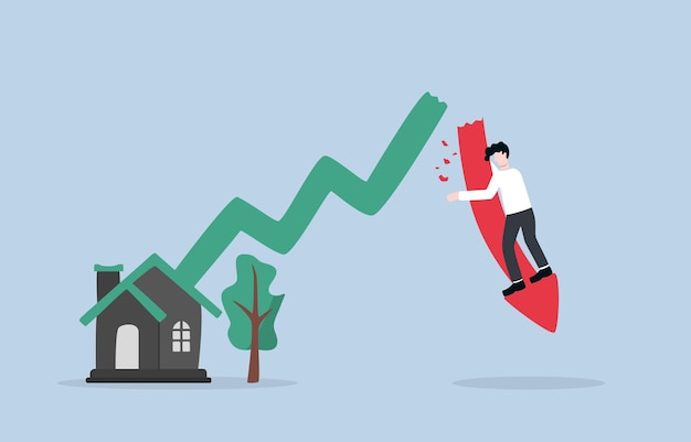 Concepto de especulación de inversión inmobiliaria de fracaso empresario sosteniendo flecha de gráfico de estado rojo cayendo