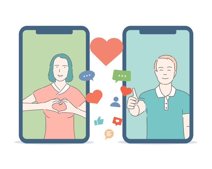 Vector concepto de esquema de dibujos animados de aplicación de citas. joven feliz hombre y mujer enamorarse.