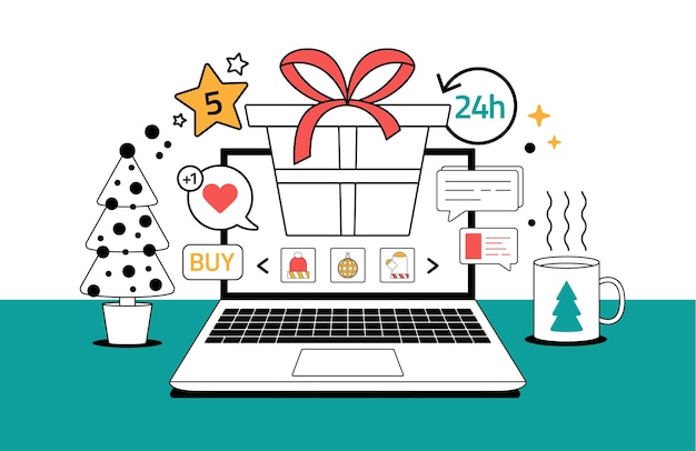 Concepto de estilo de esquema en línea de compras de regalos de Navidad Ilustración de vector de dibujos animados de línea de compras en línea de Navidad con pantalla de computadora con caja de regalo