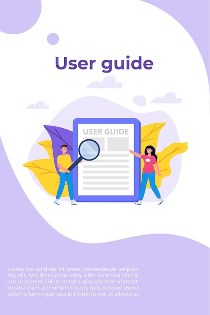 Concepto de estilo plano manual de usuario. Las personas con instrucción de guía están discutiendo sobre el contenido del manual. Ilustración vectorial.