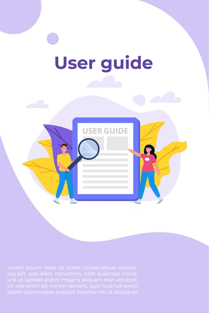 Vector concepto de estilo plano manual de usuario. las personas con instrucción de guía están discutiendo sobre el contenido del manual. ilustración vectorial.