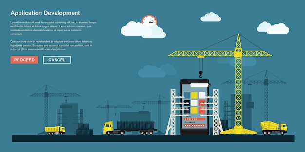 concepto de estilo para el proceso de trabajo de desarrollo de aplicaciones de teléfonos inteligentes, representación metafórica del flujo de trabajo de desarrollo de aplicaciones como la construcción industrial con grúas elevadoras, camiones, etc.