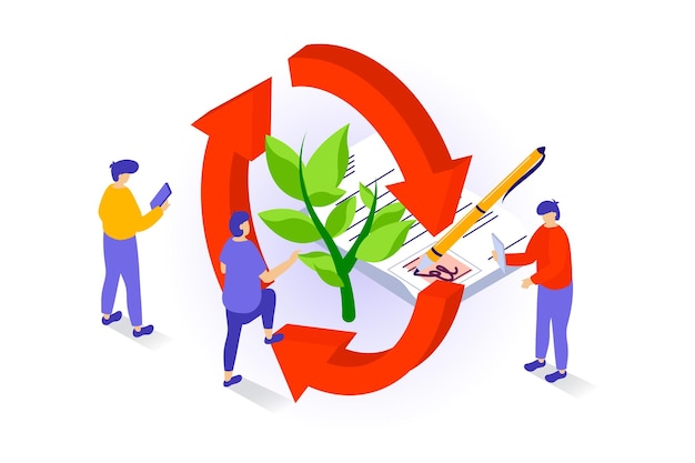 Concepto de estilo de vida ecológico en diseño isométrico 3d Las personas se preocupan por las plantas y el medio ambiente utilizando tecnologías de reciclaje y principios de reutilización Ilustración vectorial con escena isométrica para gráficos web