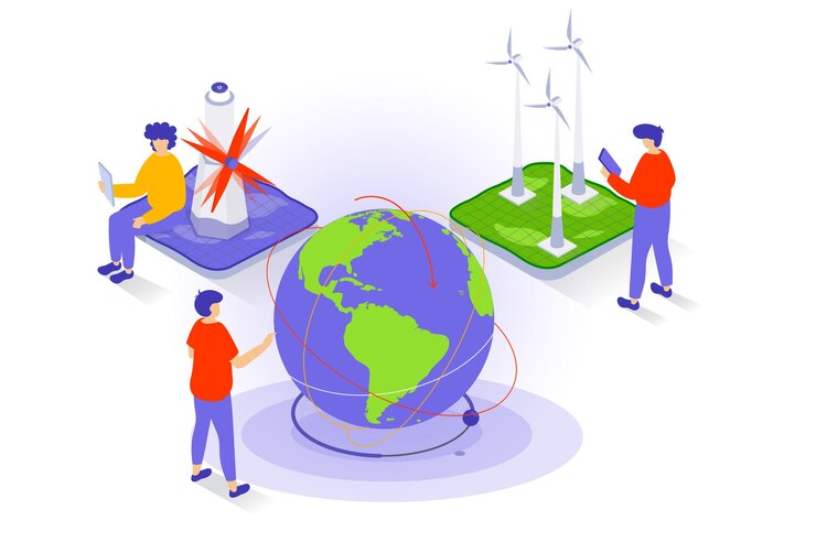 Vector concepto de estilo de vida ecológico en diseño isométrico 3d personas que usan estaciones de turbinas eólicas para ahorrar fuentes de energía y proteger el medio ambiente ilustración vectorial con escena isométrica para gráficos web