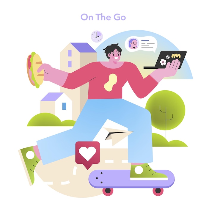 Vector concepto de estilo de vida de la generación z una ilustración de una persona joven que realiza múltiples tareas con la tecnología mientras