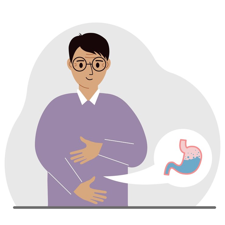Vector el concepto de un estómago sano el hombre sostiene su estómago con ambas manos un estómago sano o una digestión adecuada