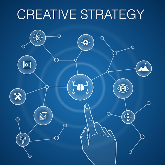 Concepto de estrategia creativa blue backgroundvision lluvia de ideas proyecto de colaboración iconos simples