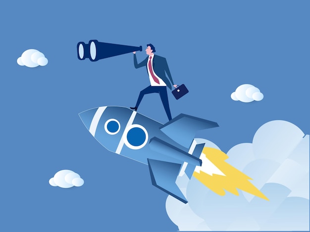 Concepto de estrategia y desarrollo empresarial Joven empresario sonriente parado en cohete y mirando hacia adelante con catalejo buscando oportunidades ilustración vectorial