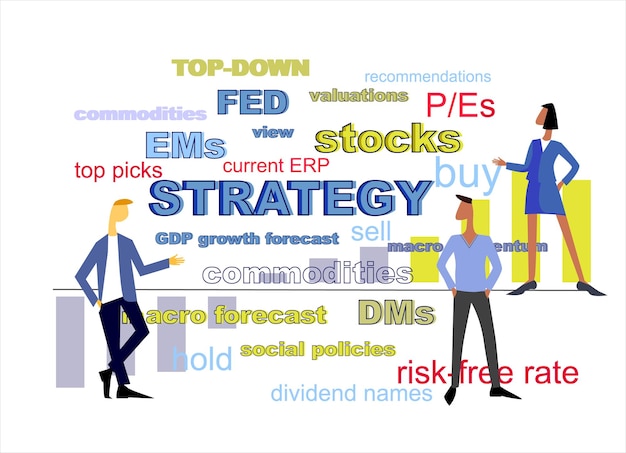 Concepto de estrategia de equidad Trabajo en equipo en la ilustración del mercado de valores Gente de negocios dibujada a mano nube de palabras de gráfico de columnas de términos de mercado Aislado en el blanco