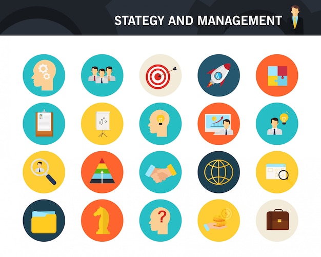 Concepto de estrategia y gestión de iconos planos.